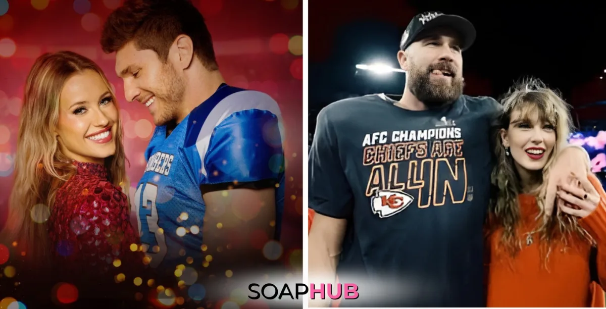 Lifetime's Christmas in the Spotlight and Travis Kelce and Taylor Swift with the Soap Hub logo.