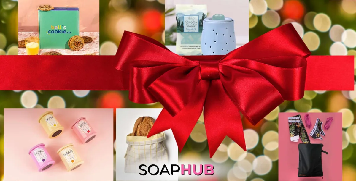 Christmas lights, a big red bow, and several gift ideas with the Soap Hub logo.