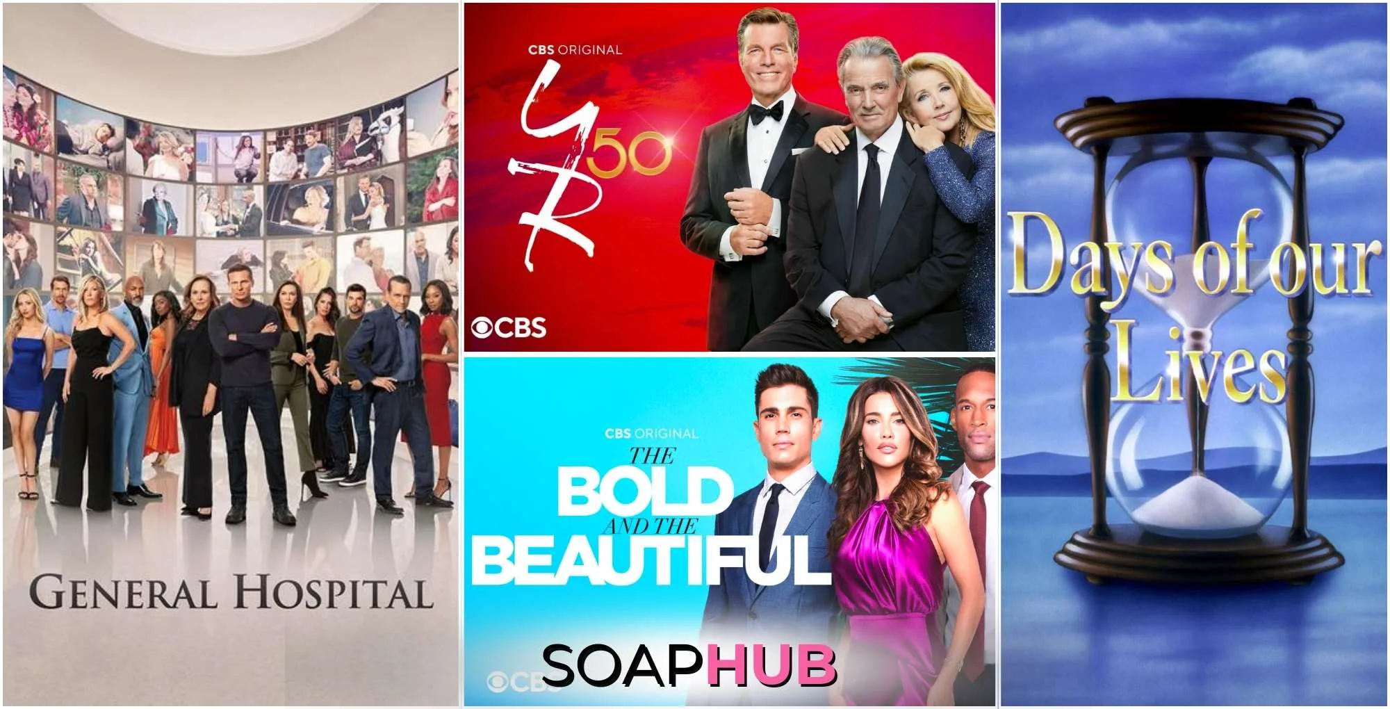 General Hospital, The Young and the Restless, The Bold and the Beautiful, and Days of our Lives key art with the Soap Hub logo.