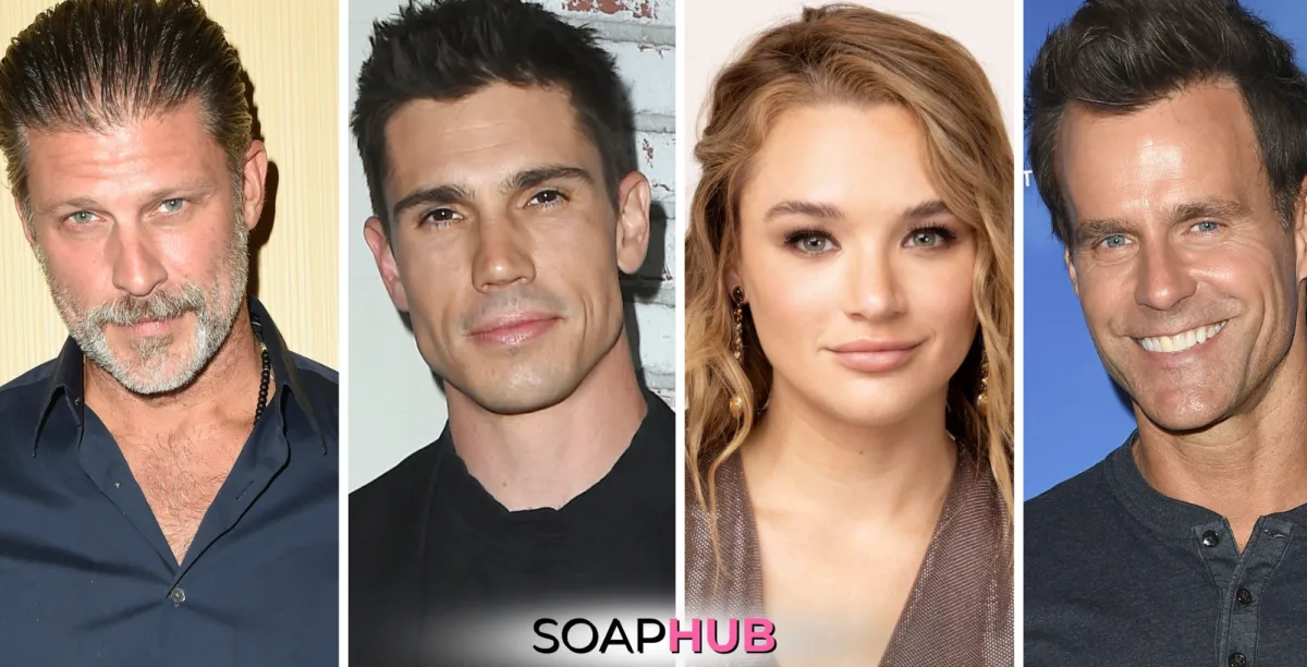 Greg Vaughan, Tanner Novlan, Hunter King, and Cameron Mathison with the Soap Hub logo across the bottom.