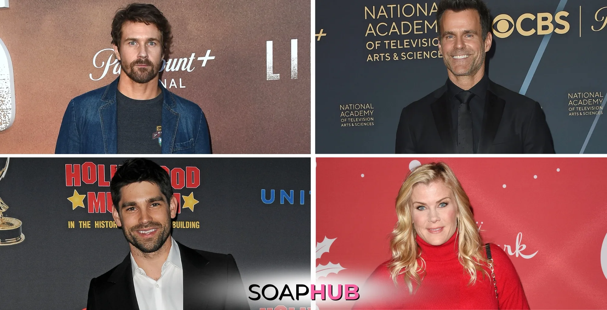 Josh Kelly, Cameron Mathison, Justin Gaston, and Alison Sweeney with the Soap Hub logo across the bottom.