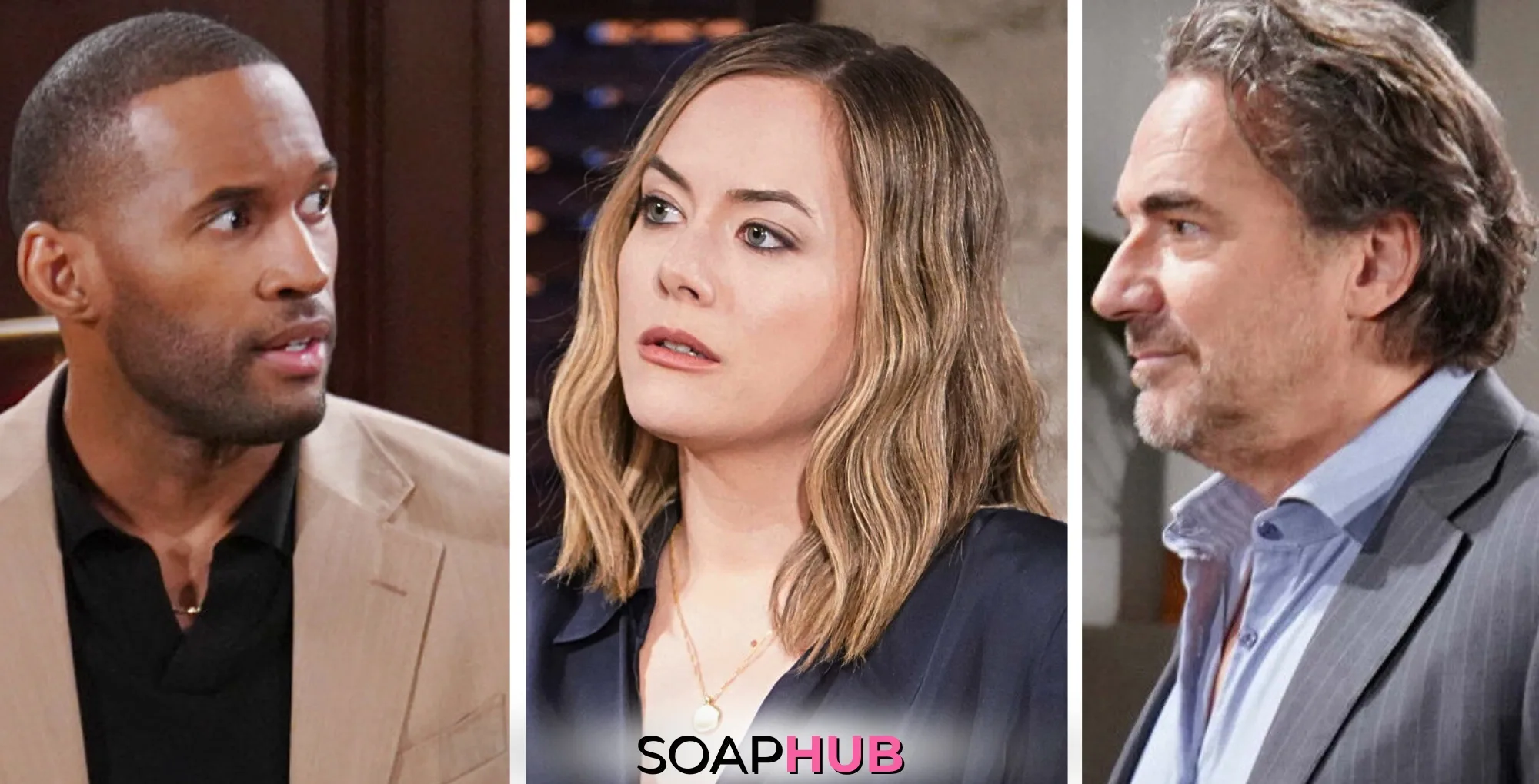 Weekly Bold and the Beautiful Spoilers November 11-15 Feature Carter, Hope and Ridge with the Soap Hub Logo Across the Bottom.