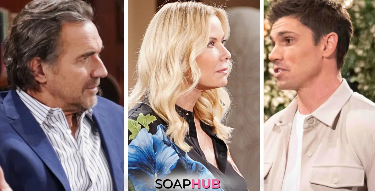 Weekly Bold and the Beautiful Spoilers November 18-22 Feature Ridge, Brooke and Finn with the Soap Hub Logo Across the Bottom.