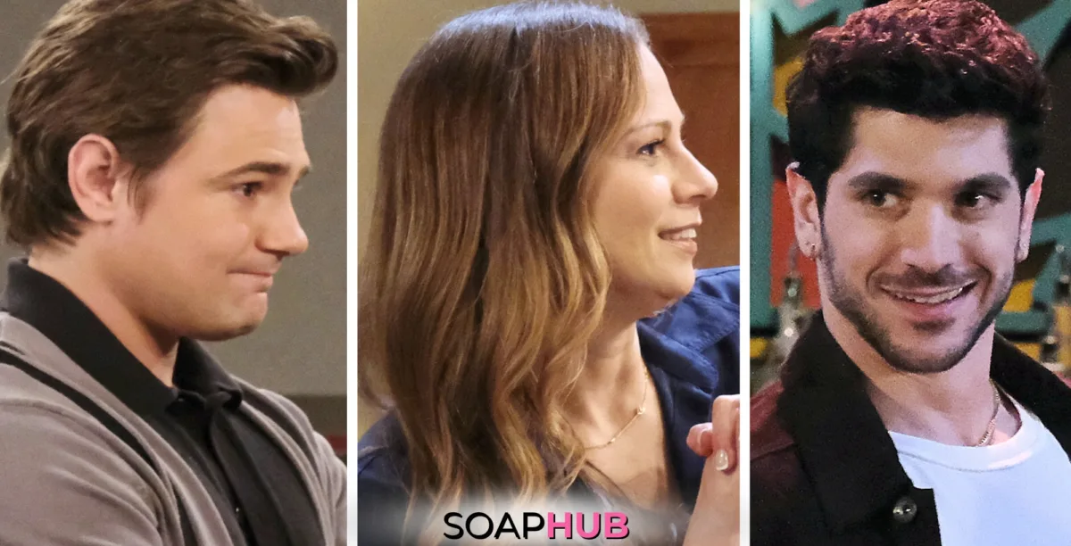 Days Of Our Lives Spoilers for the week of November 18-22, 2024, featuring Johnny, Ava, and Javi, with the Soap Hub Logo