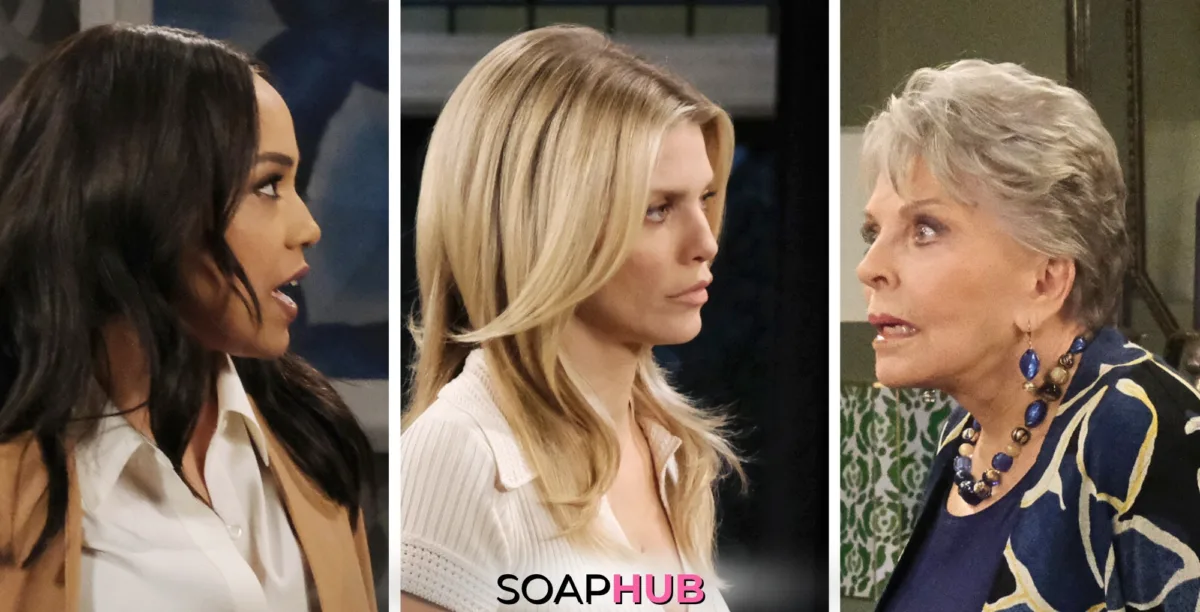 Days Of Our Lives Spoilers for the week of November 11-15, 2024, featuring Jada, Cat, and Julie, with the Soap Hub Logo