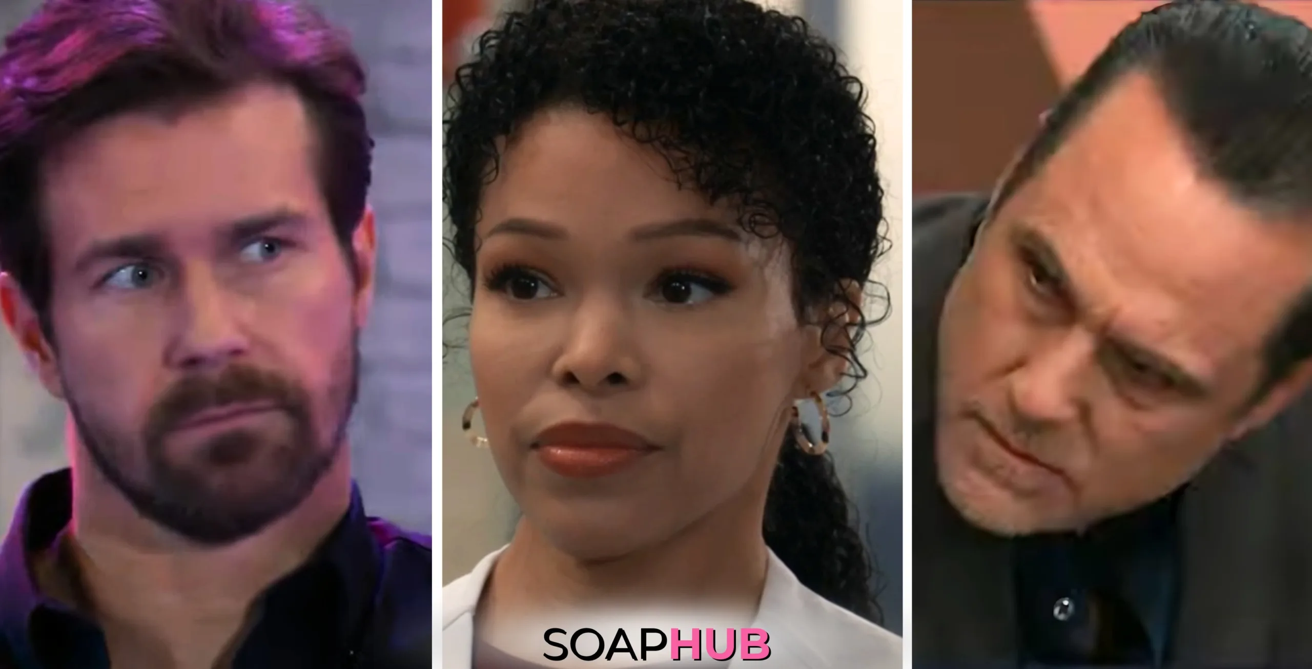 Cody, Portia, and Sonny on General Hospital with the Soap Hub logo across the bottom.