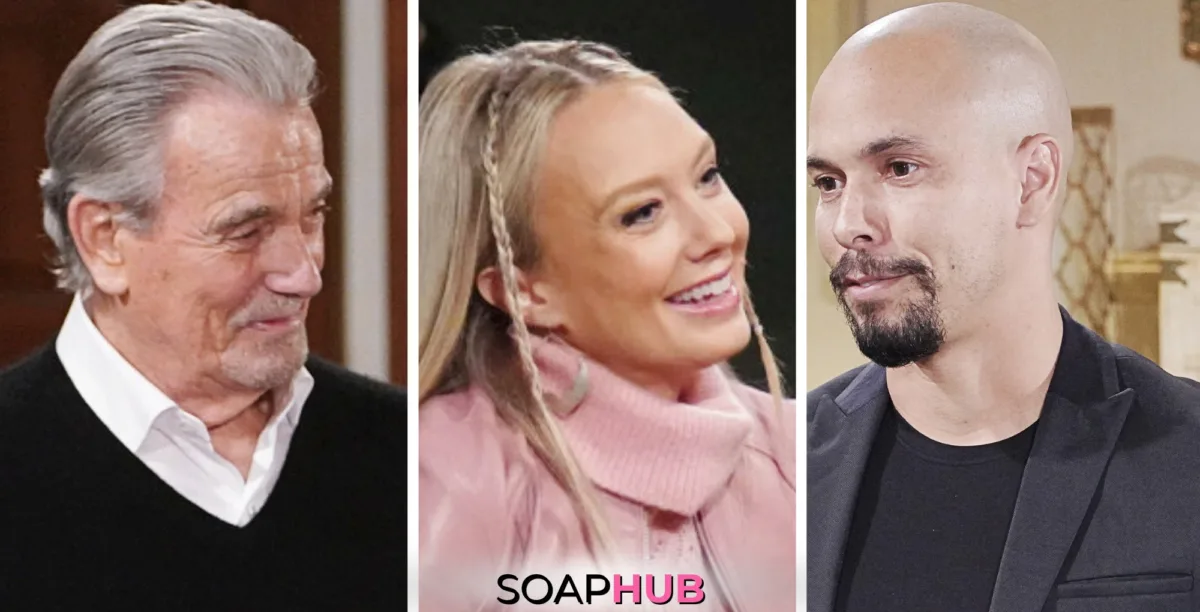 Weekly Young and the Restless Spoilers November 11-15 with Victor, Abby, Devon and the Soap Hub logo.