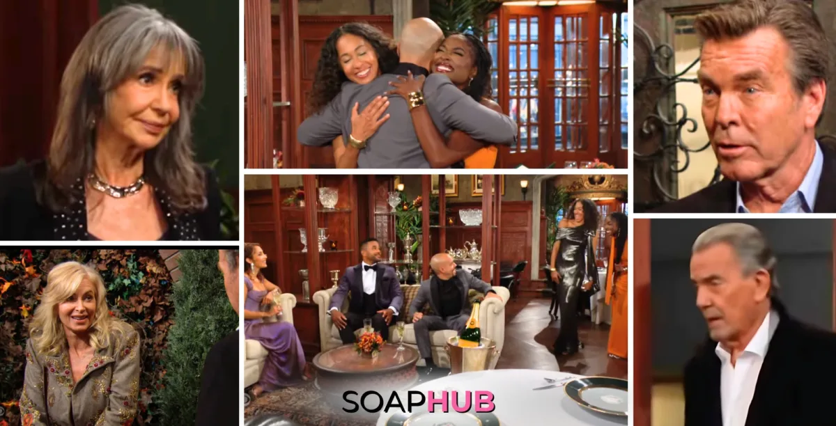 The Young and the Restless characters Jill, Yolanda, Devon, Ana, Jack, Ashley, Lily, Nate, and Victor; with the Soap Hub logo.