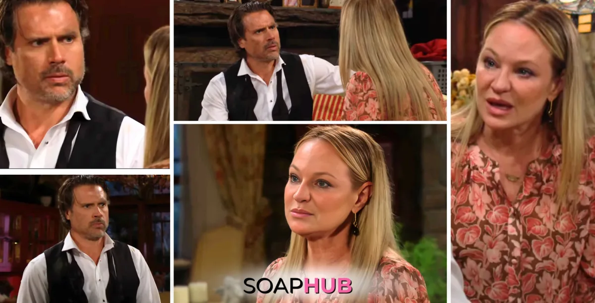 The Young and the Restless characters Nick and Sharon; with the Soap Hub logo.