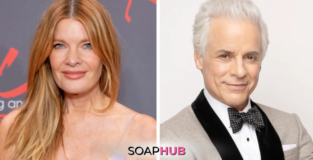 The Young and the Restless stars Michelle Stafford and Christian LeBlanc, with the Soap Hub logo.