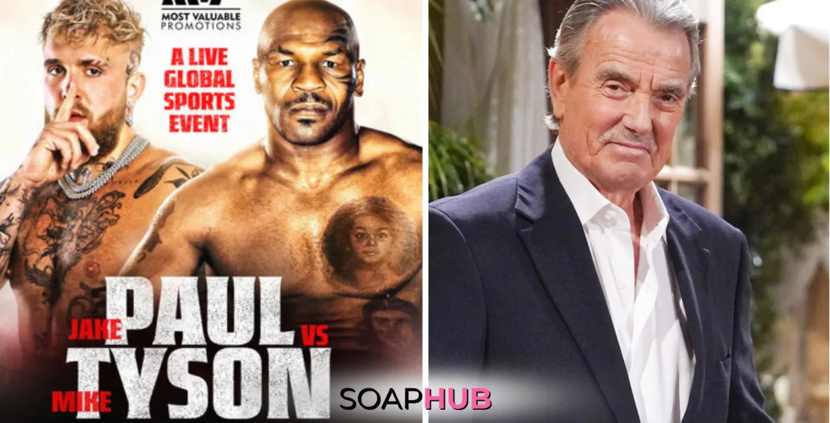 Poster for the Jake Paul & Mike Tyson fight, and The Young and the Restless star Eric Braeden with the Soap Hub logo.