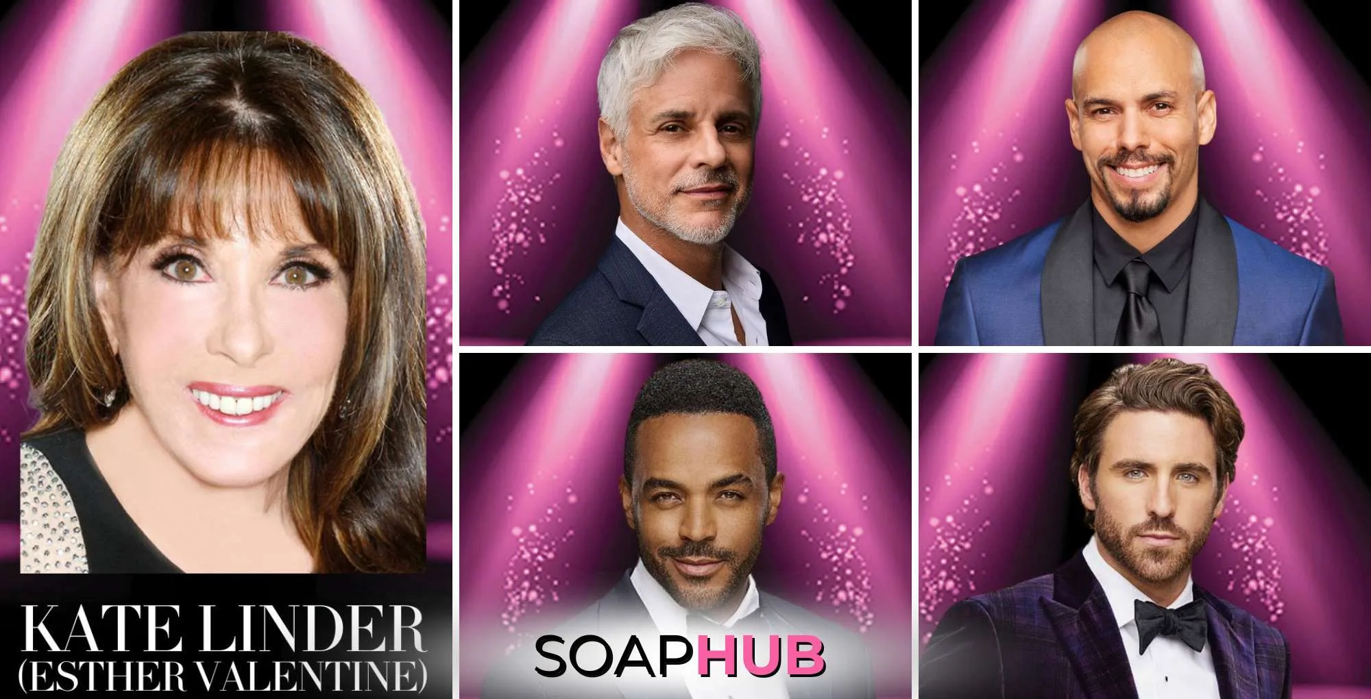 Young and the Restless Kate Linder, Christian Le Blanc, Bryton James, Sean Dominic, and Conner Floyd with the Soap Hub logo.