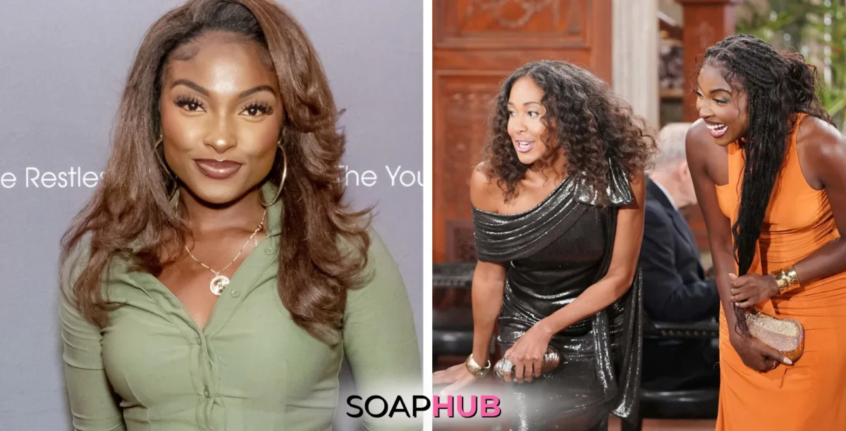 Image of Young and the Restless' Loren Lott and Ana Hamilton and Harmony with the Soap Hub logo.