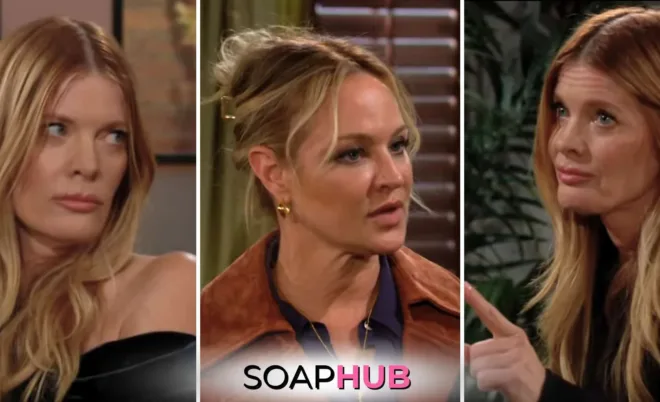 Young and the Restless November 12 Phyllis, Sharon, and the Soap Hub logo.