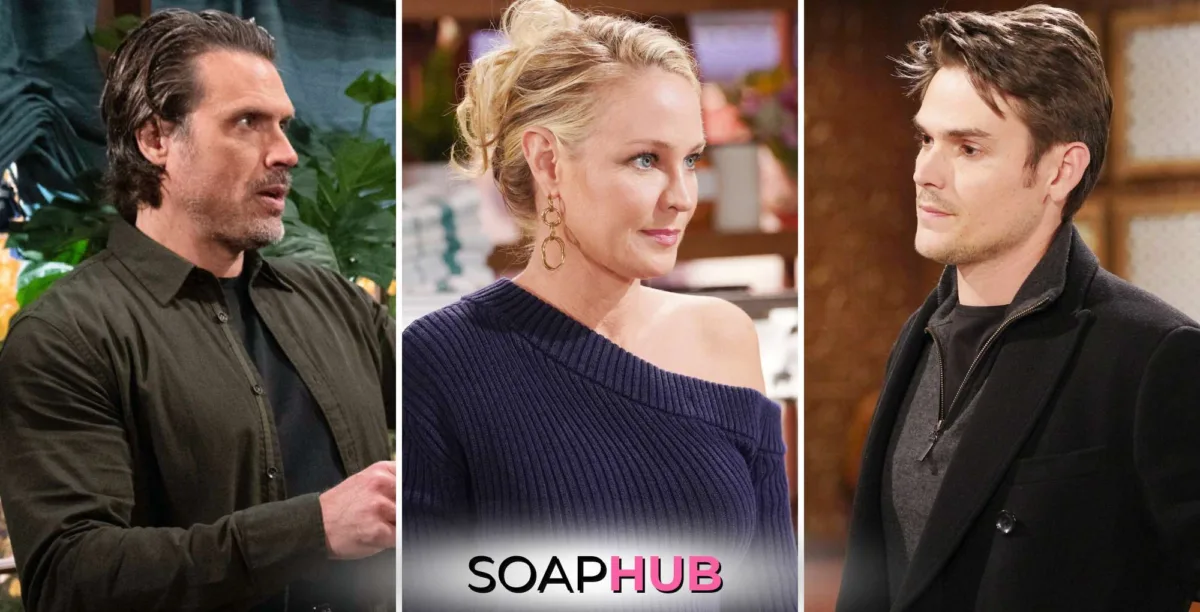 The Young and the Restless November 27 Nick, Sharon, and Adam with the Soap Hub logo.