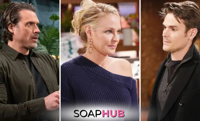 The Young and the Restless November 27 Nick, Sharon, and Adam with the Soap Hub logo.