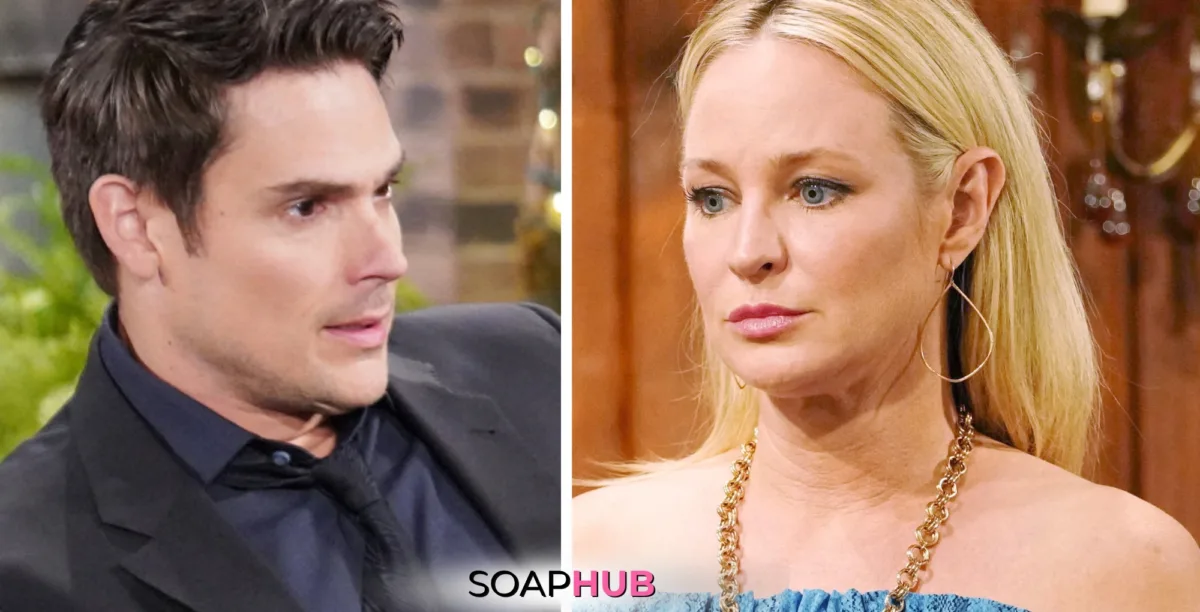 Young and the Restless Spoilers November 25 Sharon and Adam with the Soap Hub logo.