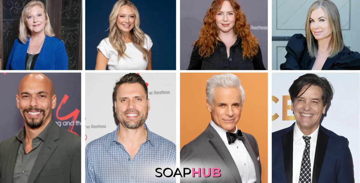 Young and the Restless' Beth Maitland, Melissa Ordway, Camryn Grimes, Eileen Davidson, Bryton James, Joshua Morrow, Christian LeBlanc, and Michael Damian with the Soap Hub logo.