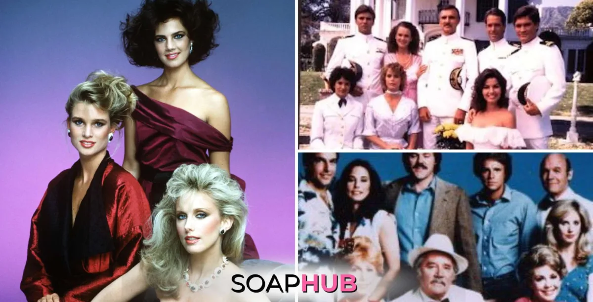 Cast of Paper Dolls, Emerald Point, N.A.S., and Flamingo Road with the Soap Hub logo.