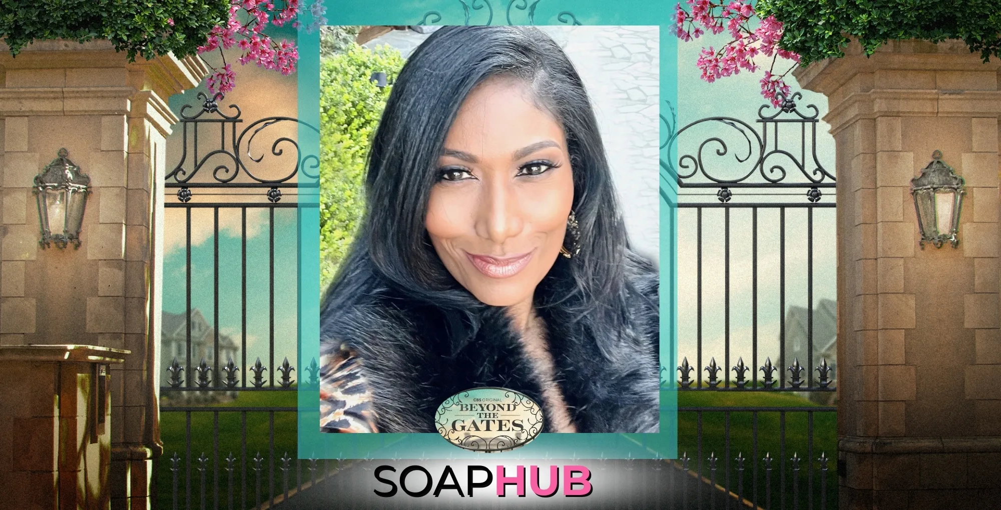 Beyond the Gates' Trisha Mann-Grant who plays Dana "Leslie" Thomas, with the Soap Hub logo.