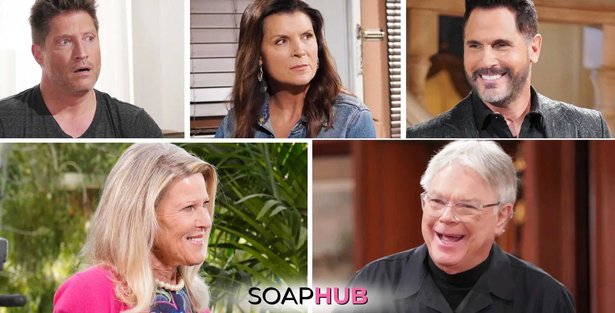 The Bold and the Beautiful characters Deacon, Sheila, Bill, Pam, and Charlies; with the Soap Hub logo.