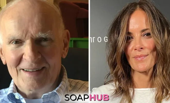 Bold and the Beautiful Rebecca Budig and father with Soap Hub logo.