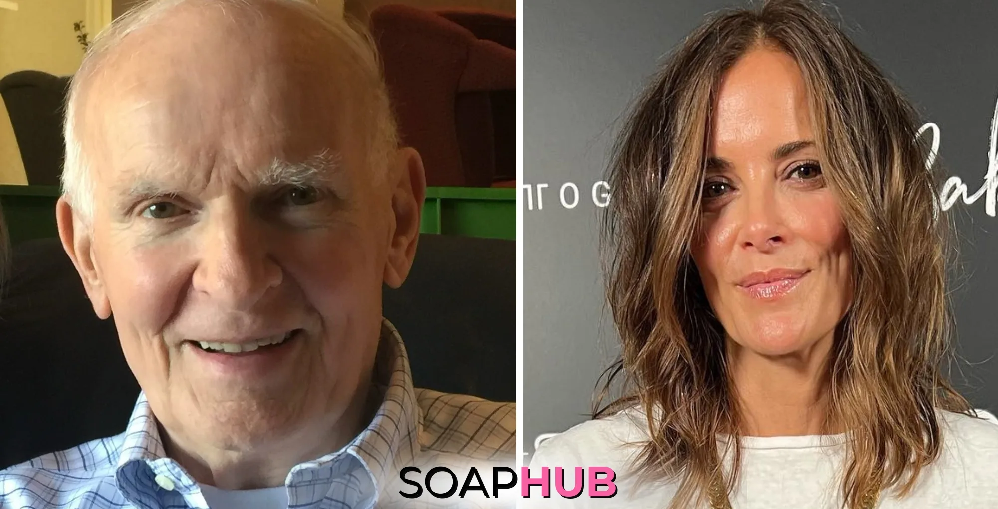 Bold and the Beautiful Rebecca Budig and father with Soap Hub logo.