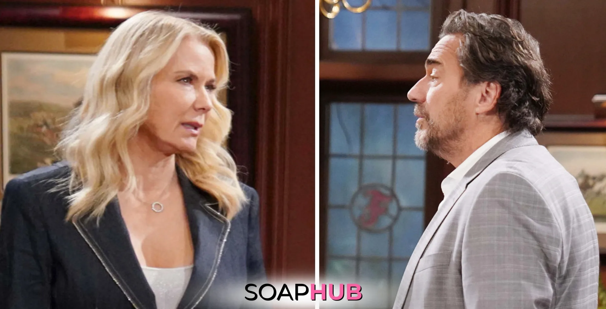 Bold and the Beautiful Brooke and Ridge with the Soap Hub logo.