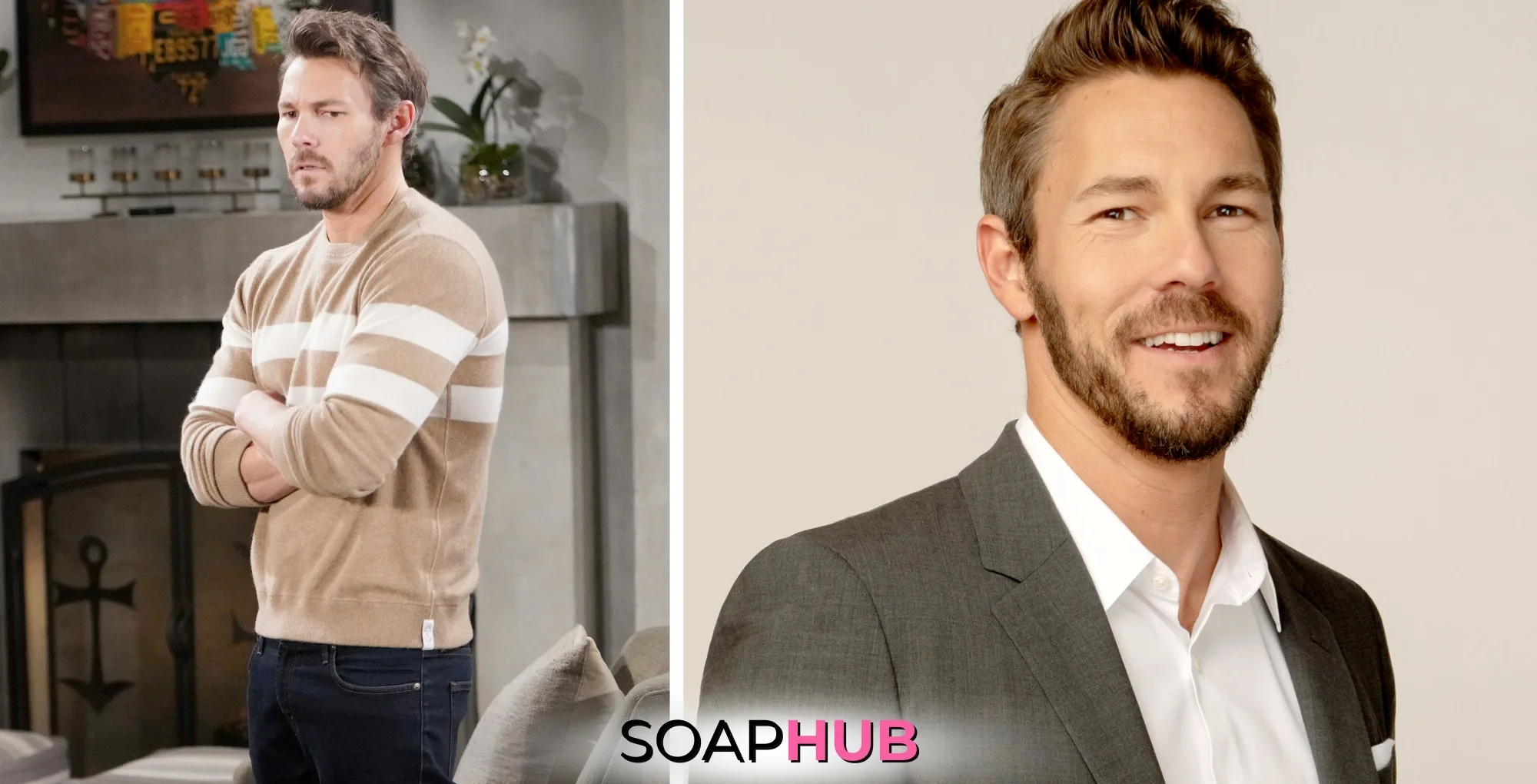 Bold and the Beautiful Liam Spencer and Scott Clifton with the Soap Hub logo.