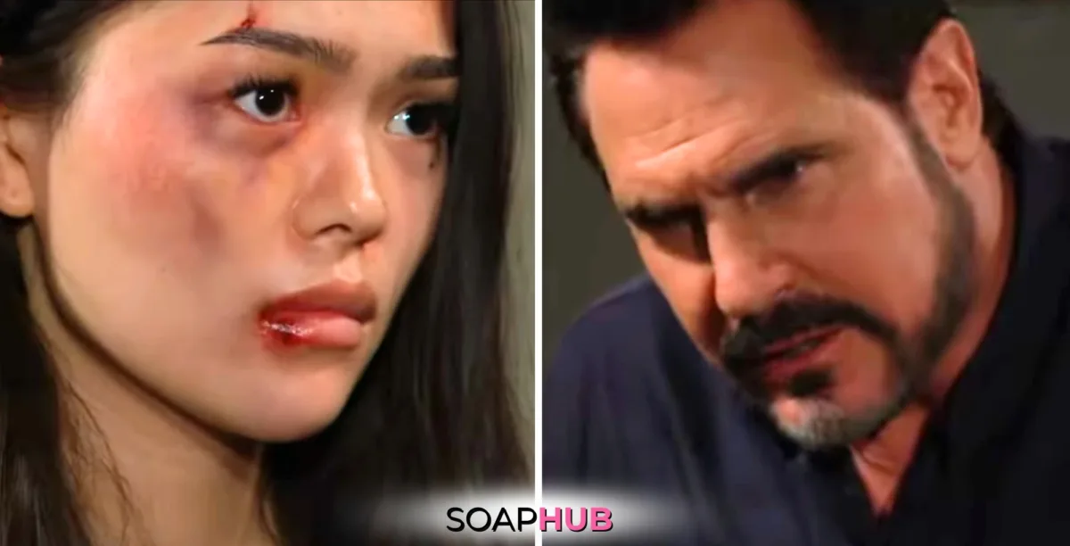 Bold and the Beautiful Spoilers for Friday, December 27, Episode 9431 Feature Luna and Bill with the Soap Hub Logo Across the Bottom.