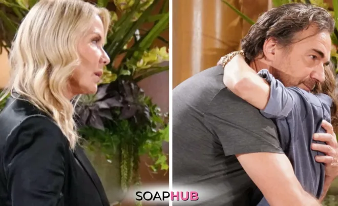 Bold and the Beautiful Spoilers for Monday, December 23, Episode 9428 Feature Brooke, Ridge and Taylor with the Soap Hub Logo Across the Bottom.