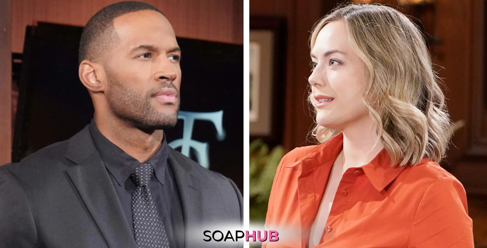 Bold and the Beautiful Spoilers for Monday, December 16, Episode 9423 Feature Carter and Hope with the Soap Hub Logo Across the Bottom.