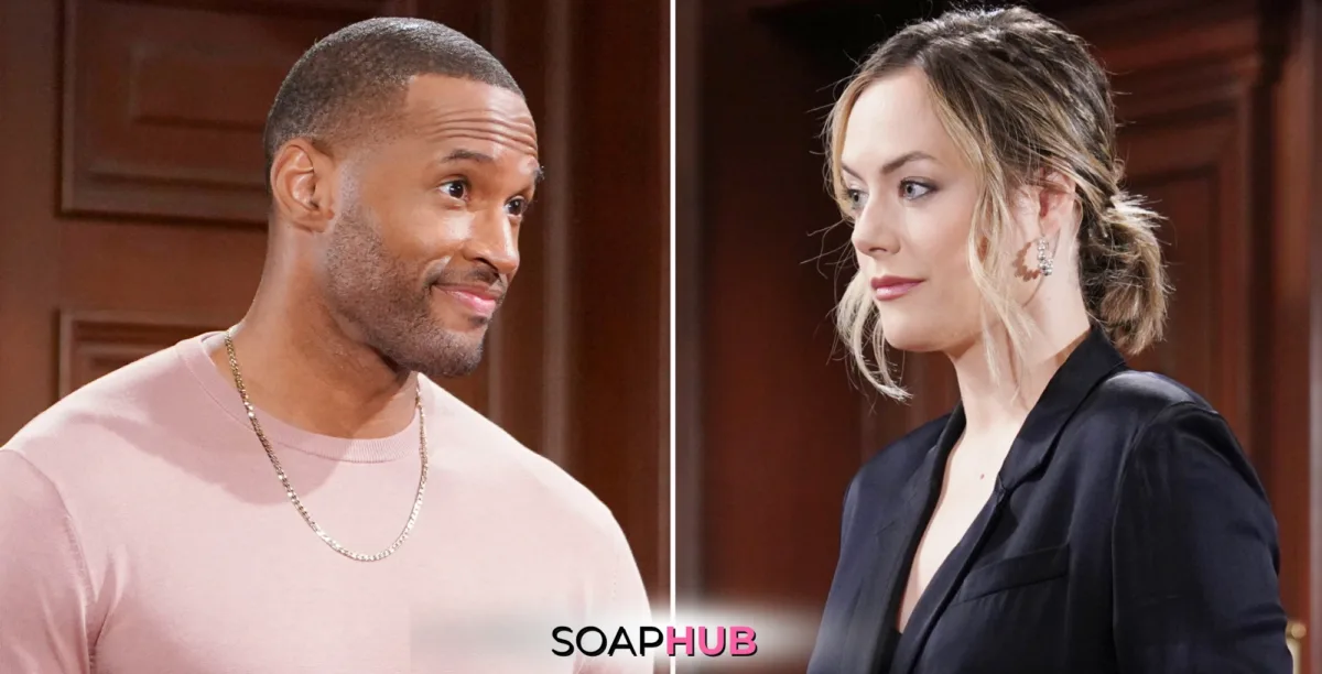 Bold and the Beautiful Spoilers for Friday, December 13, Episode 9422 Feature Carter and Hope with the Soap Hub Logo Across the Bottom.