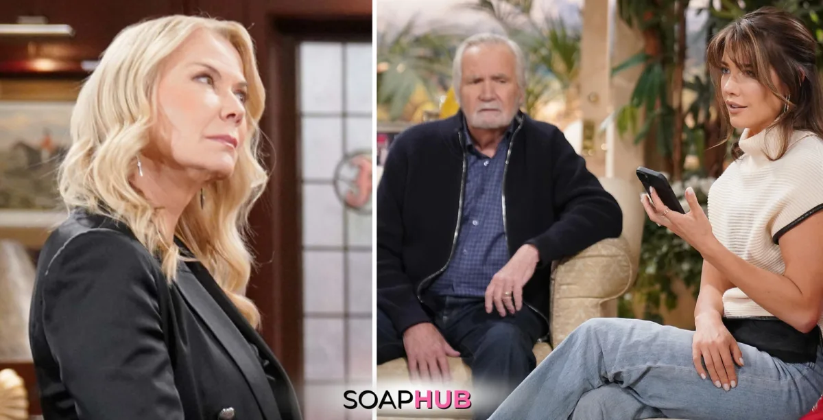 Bold and the Beautiful Spoilers for Thursday, December 19, Episode 9426 Feature Brooke, Eric and Steffy With the Soap Hub Logo Across the Bottom.