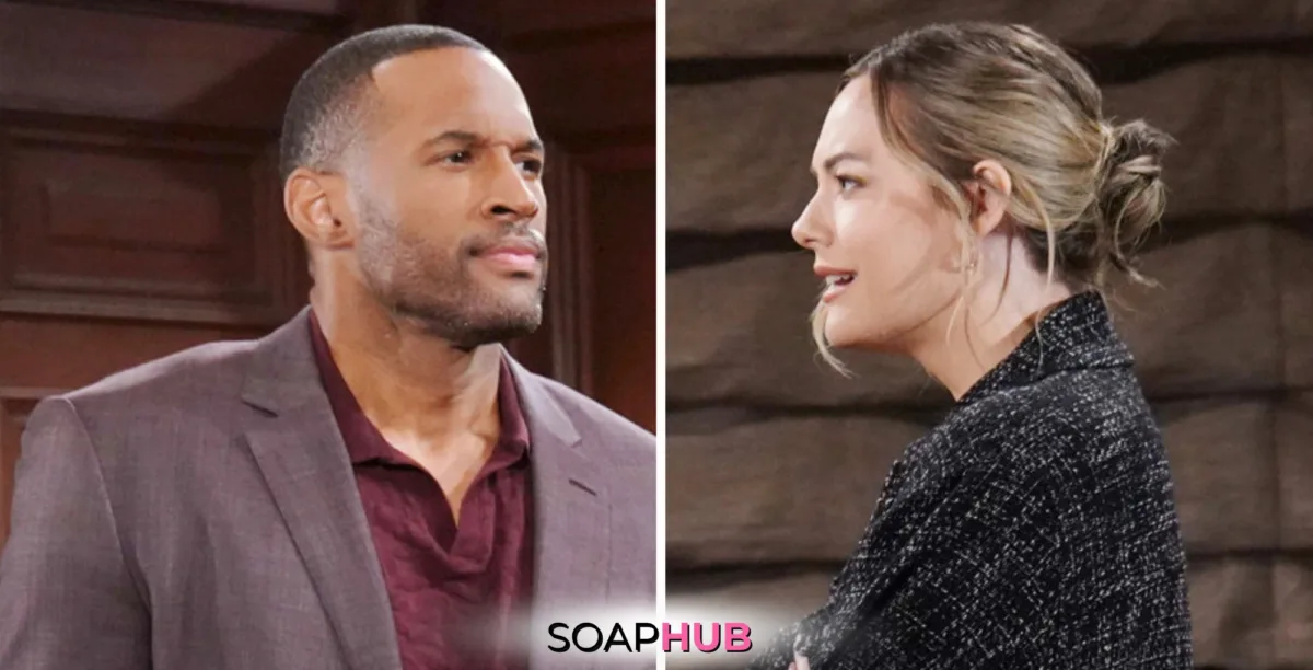 Bold and the Beautiful Spoilers for Tuesday, December 3, Episode 9414 Feature Carter and Hope with the Soap Hub Logo Across the Bottom.