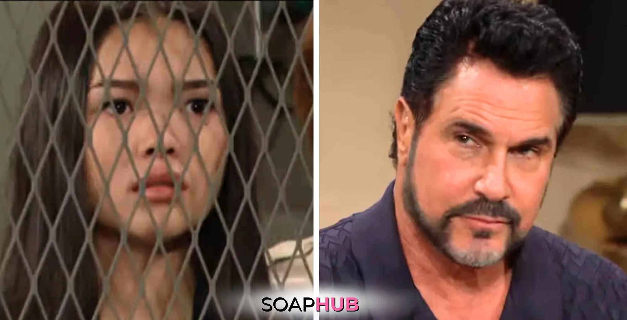 Bold and the Beautiful Spoilers December 6 Episode 9417 Feature Luna and Bill with the Soap Hub Logo Across the Bottom.