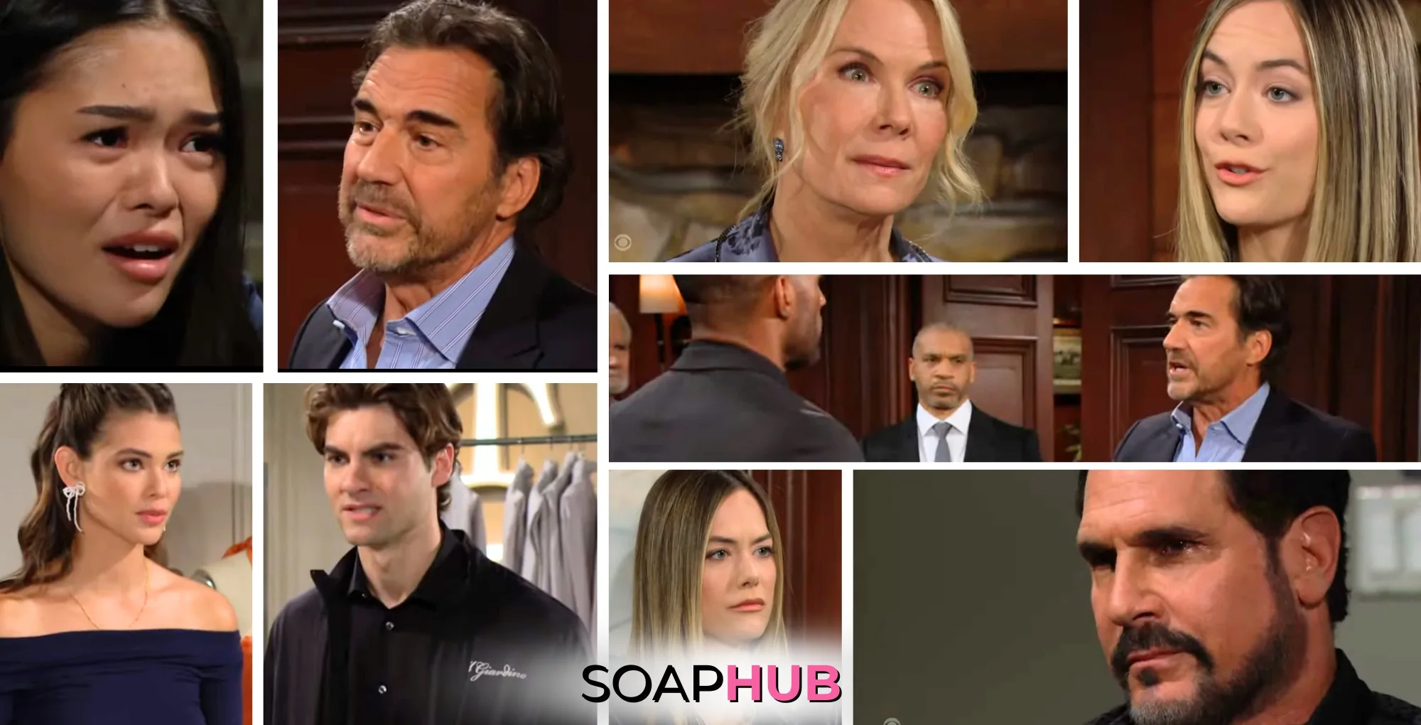 The Bold and the Beautiful characters Luna, Ridge, Brooke, Hope, Electra, Remy, Carter, Justin, and Bill.