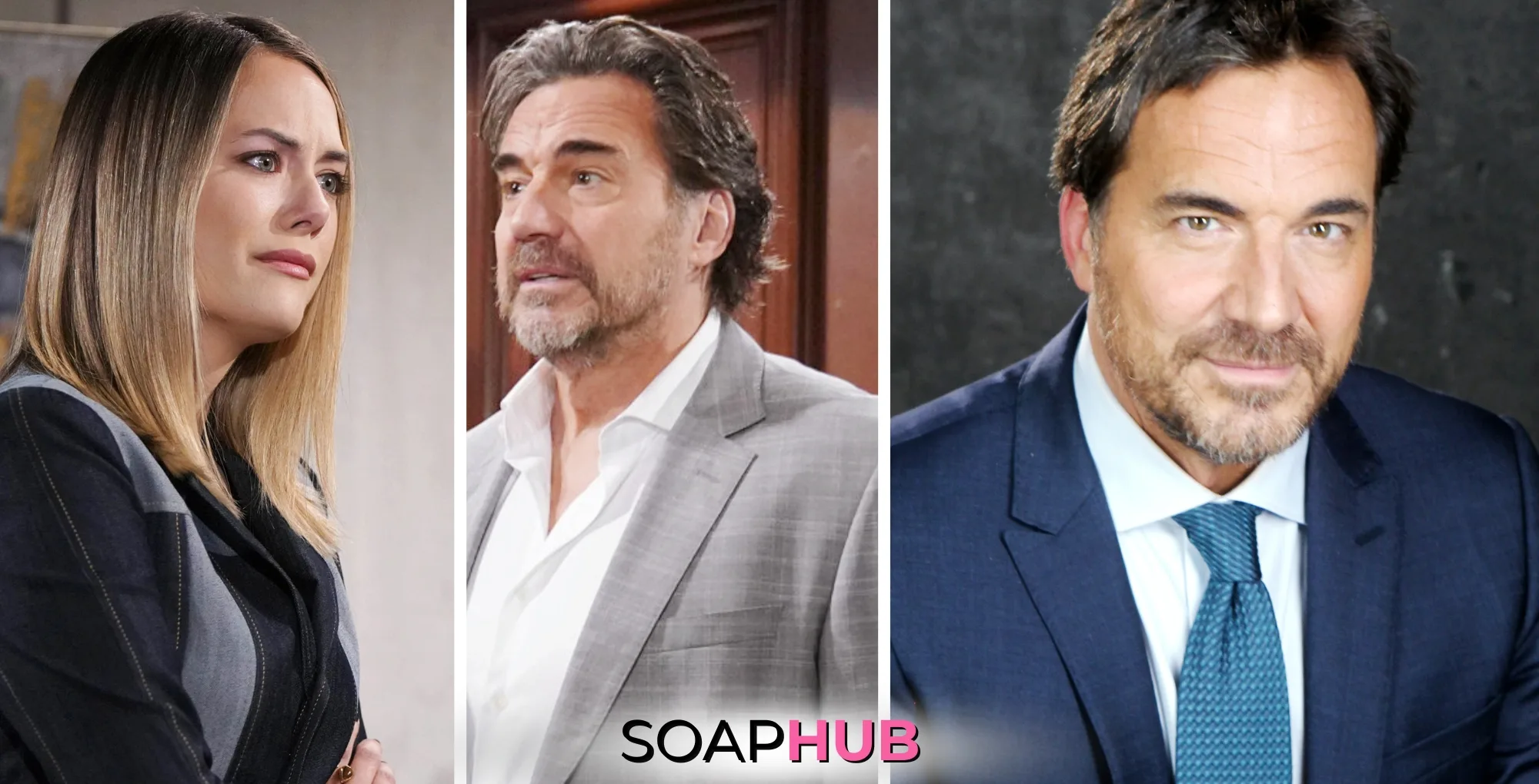 Bold and the Beautiful Hope Logan, Ridge Forrester, and Thorsten Kaye with the Soap Hub logo.