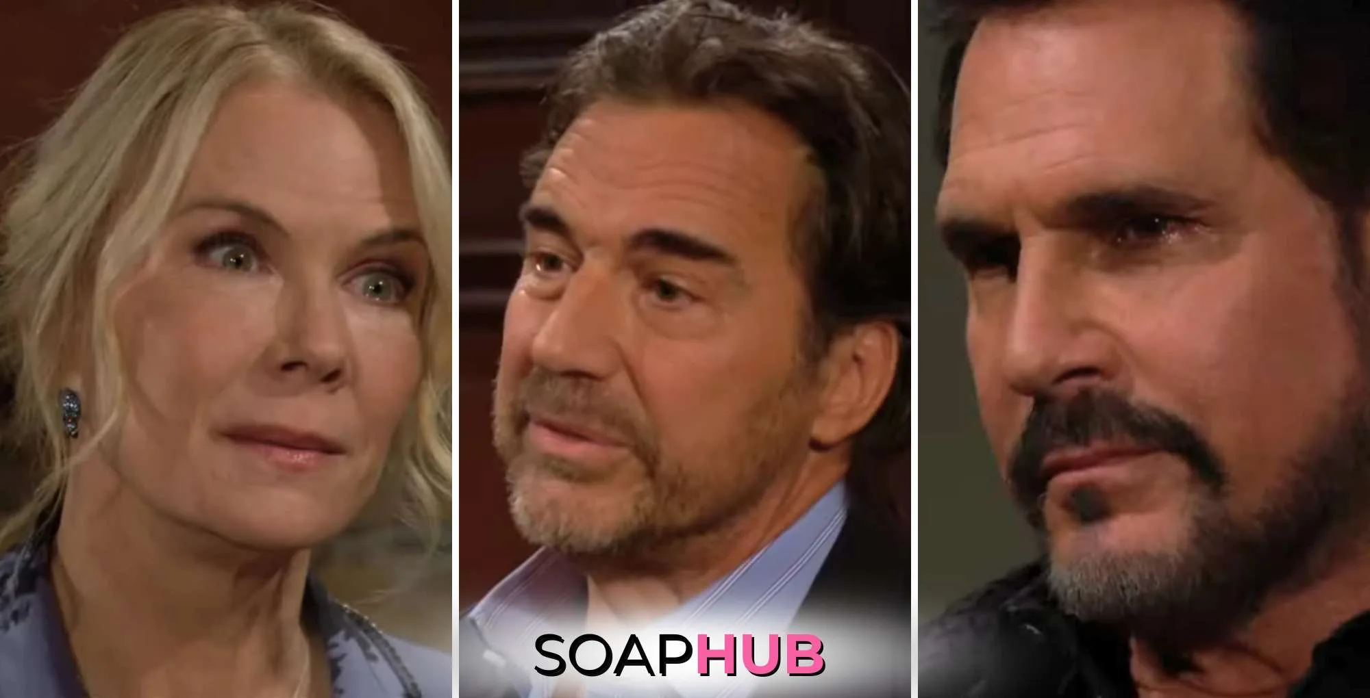 Bold and the Beautiful Spoilers Weekly Update December 9-13 Brooke, Ridge, and Bill with the Soap Hub logo.