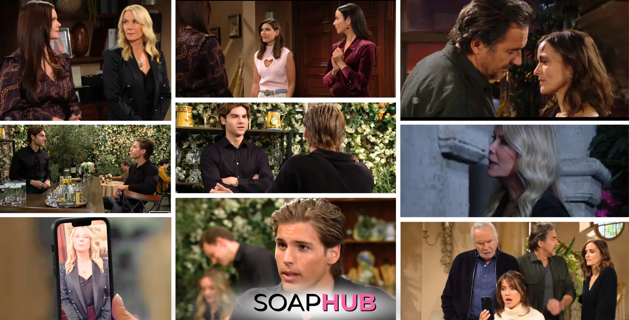 The Bold and the Beautiful characters Katie, Brooke, Electra, Ivy, Ridge, Taylor, Remy, Will, Eric, and Steffy; with the Soap Hub logo.