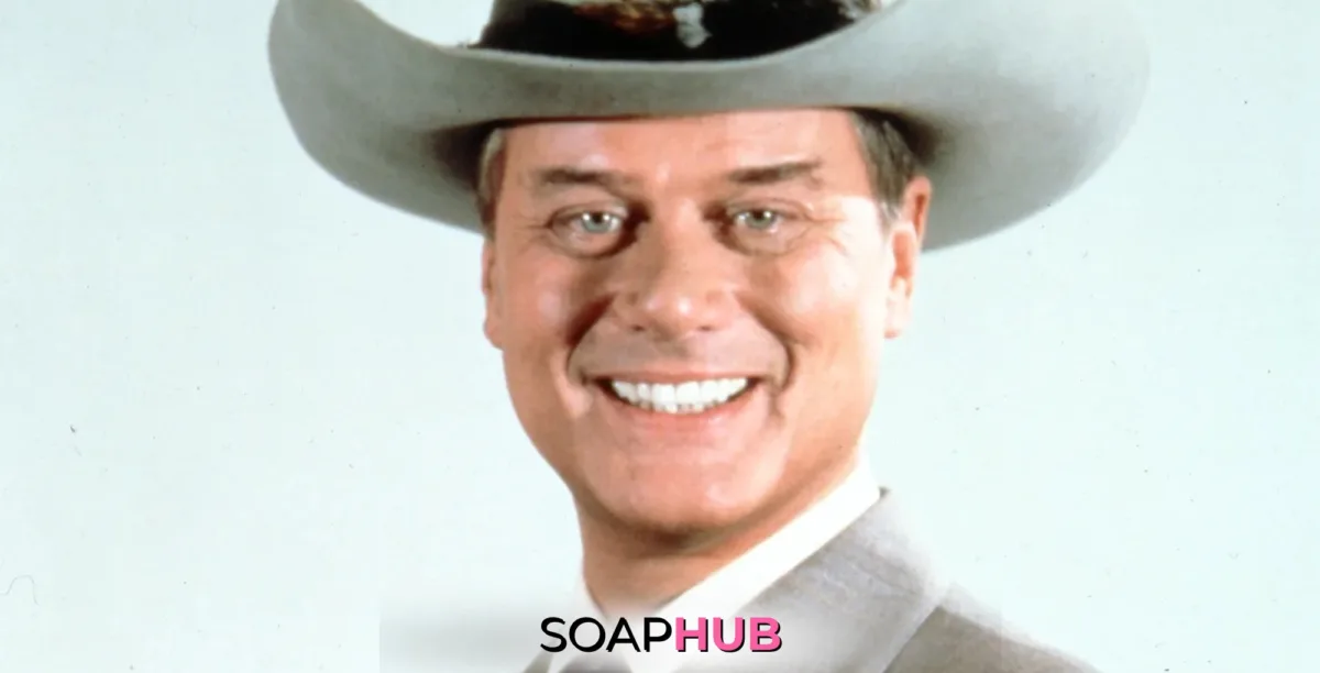 Larry Hagman (JR) of Dallas with the soaphub logo.