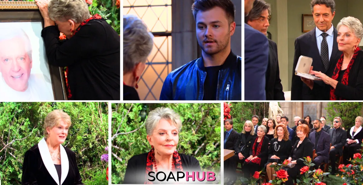 Collage of the Tuesday, December 3 episode which featured Doug's memorial service, with Soap Hub Logo