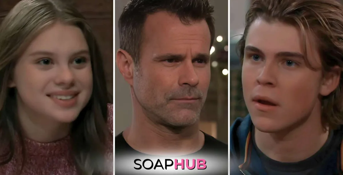 General Hospital Charlotte, Drew, Gio with the Soap Hub logo.