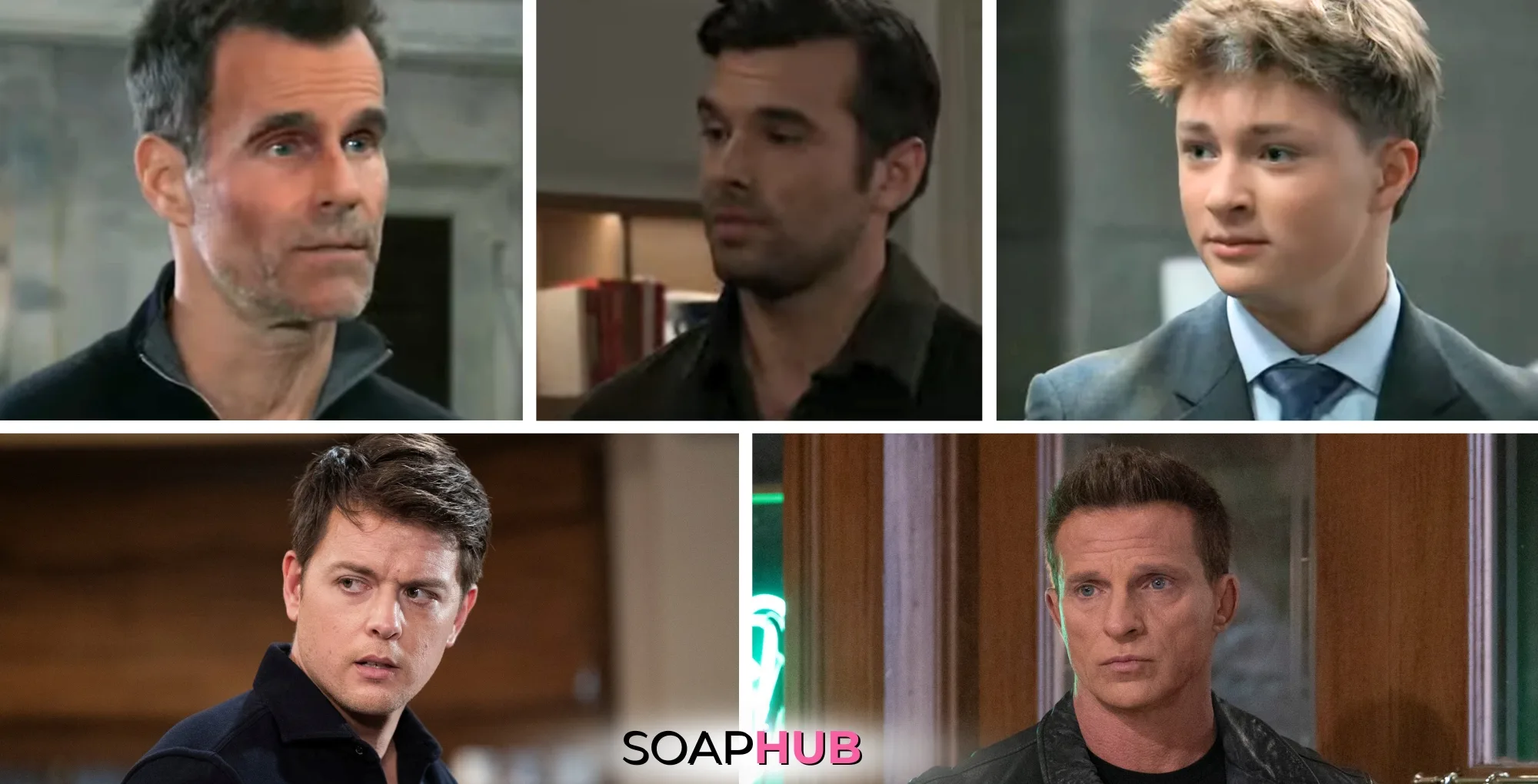 General Hospital's Drew, Chase, Danny, Michael, and Jason with the Soap Hub logo across the bottom.