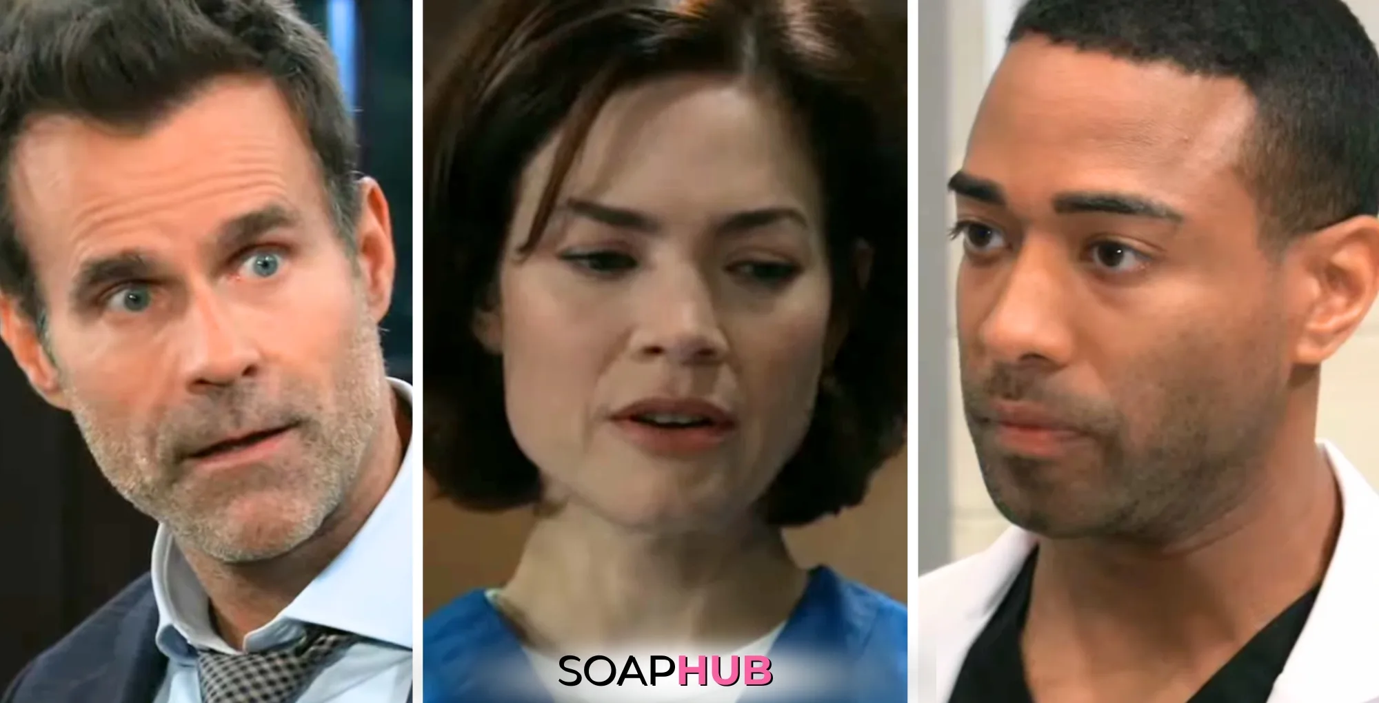 Drew, Elizabeth, and Isaiah on the December 13, 2024 episode of General Hospital with the Soap Hub logo across the bottom.