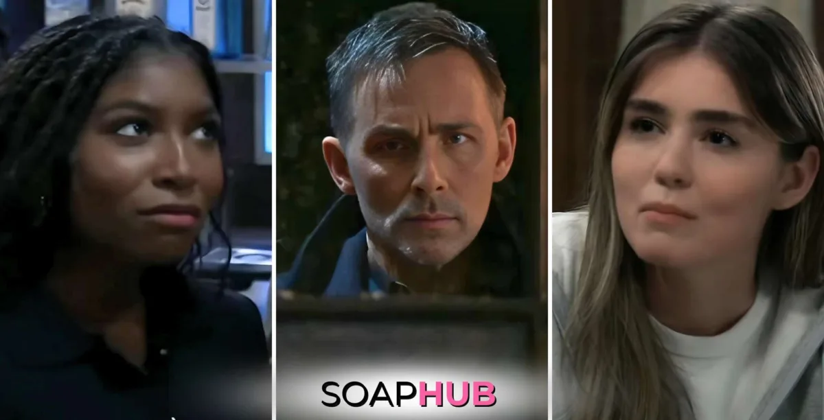 General Hospital weekly recap December 23-27 Trina, Valentin, Emma with the Soap Hub logo.