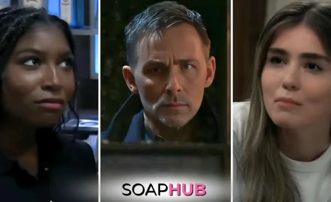 General Hospital weekly recap December 23-27 Trina, Valentin, Emma with the Soap Hub logo.