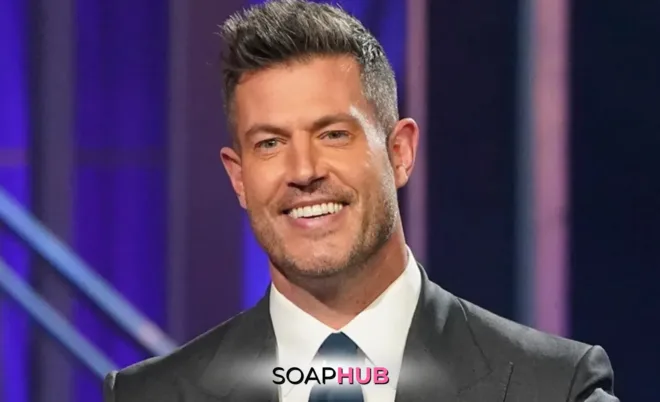 Golden Bachelor Jesse Palmer with the Soap Hub logo.