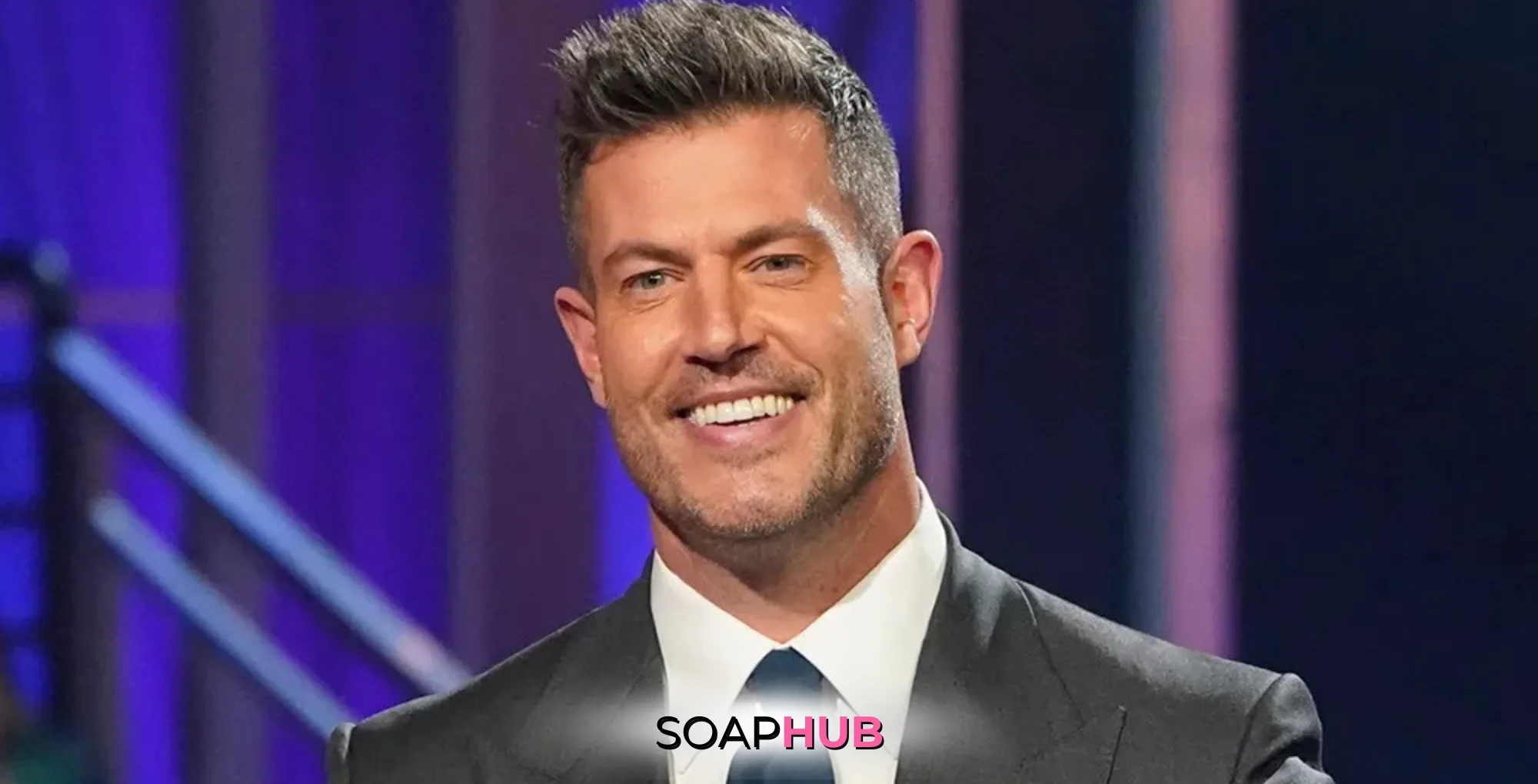 Golden Bachelor Jesse Palmer with the Soap Hub logo.