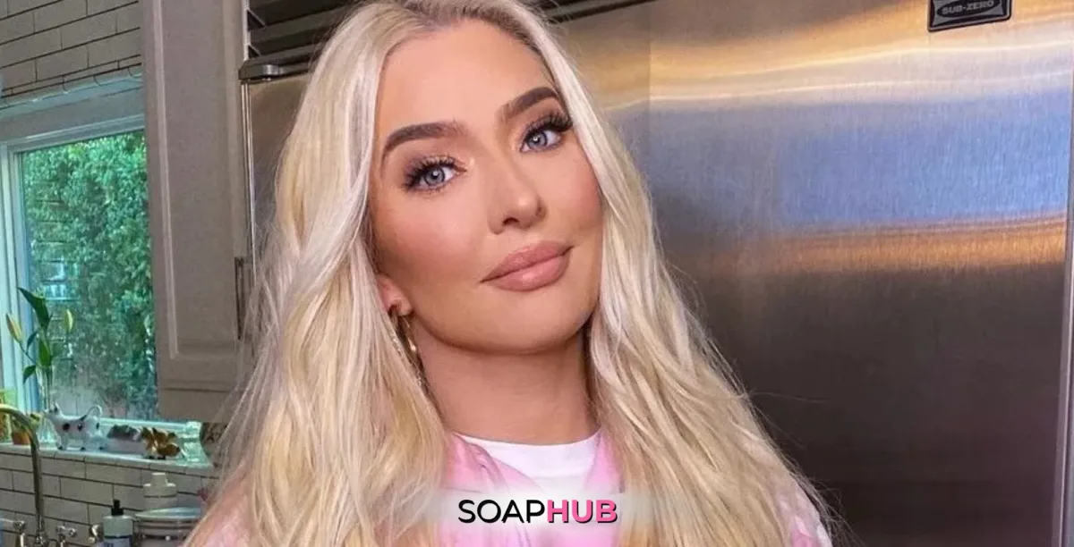 The Real Housewives of Beverly Hills Erika Jayne with the Soap Hub logo.